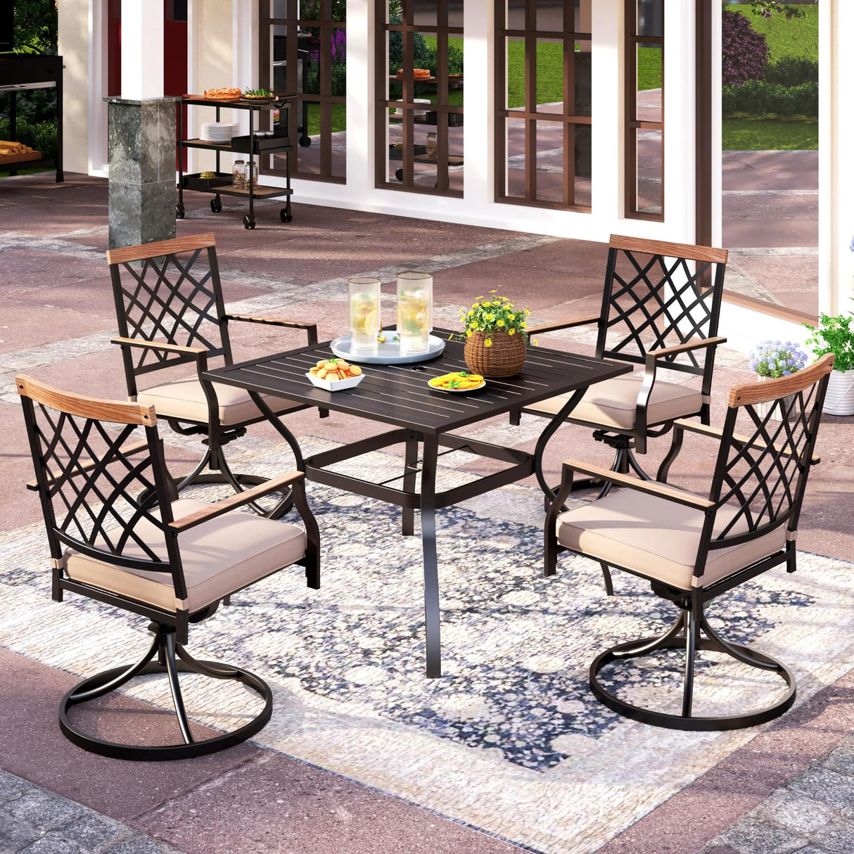 PHI VILLA 5-Piece Outdoor Dining Set, 4 Steel Metal Swivel Patio Chairs & 1 Square Dining Table, Wood-Like Pattern Armrest PHI VILLA
