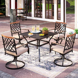 PHI VILLA 5-Piece Outdoor Dining Set, 4 Steel Metal Swivel Patio Chairs & 1 Square Dining Table, Wood-Like Pattern Armrest PHI VILLA