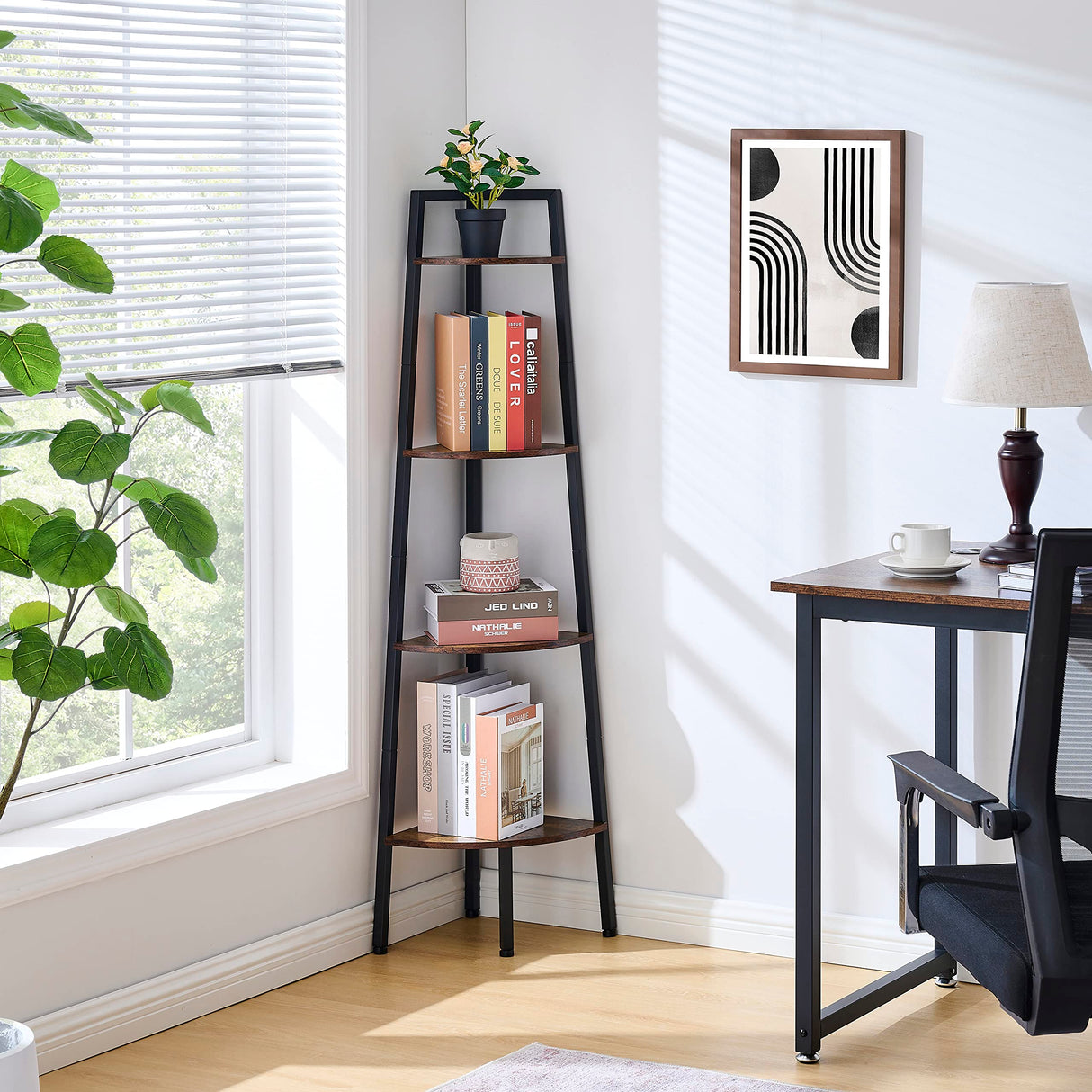 Hoctieon Corner Shelf, 4-Tier Corner Bookshelf, Rustic Corner Ladder Shelf, Industrial Display Shelf for Living Room, Kitchen, Home Office, Balcony, Small Space, Metal Frame, Rustic Brown Hoctieon