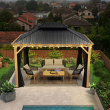 PURPLE LEAF 10' X 12' Outdoor Hardtop Gazebo for Patio Galvanized Steel Double Roof Permanent Canopy Teak Finish Coated Aluminum Frame Pavilion Gazebo with Netting and 24 Solar String Lights PURPLE LEAF
