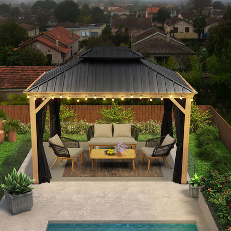 PURPLE LEAF 10' X 12' Outdoor Hardtop Gazebo for Patio Galvanized Steel Double Roof Permanent Canopy Teak Finish Coated Aluminum Frame Pavilion Gazebo with Netting and 24 Solar String Lights PURPLE LEAF