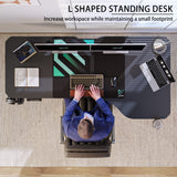 JWX Standing Adjustable Desk, 63 inches L Shaped Electric Standing Gaming Desk with Locking Wheels, Cup Holder, Headphone Hook, Cable Manager, Mouse pad, Carbon Fiber Textured Pane JWX