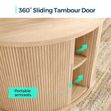 LINSY HOME Round Coffee Table, 31.5" Drum Coffee Table with Sliding Tambour Door, Fluted Accent Center Table with Storage, Mid Century Modern Coffee Table for Living Room, Oak LINSY HOME