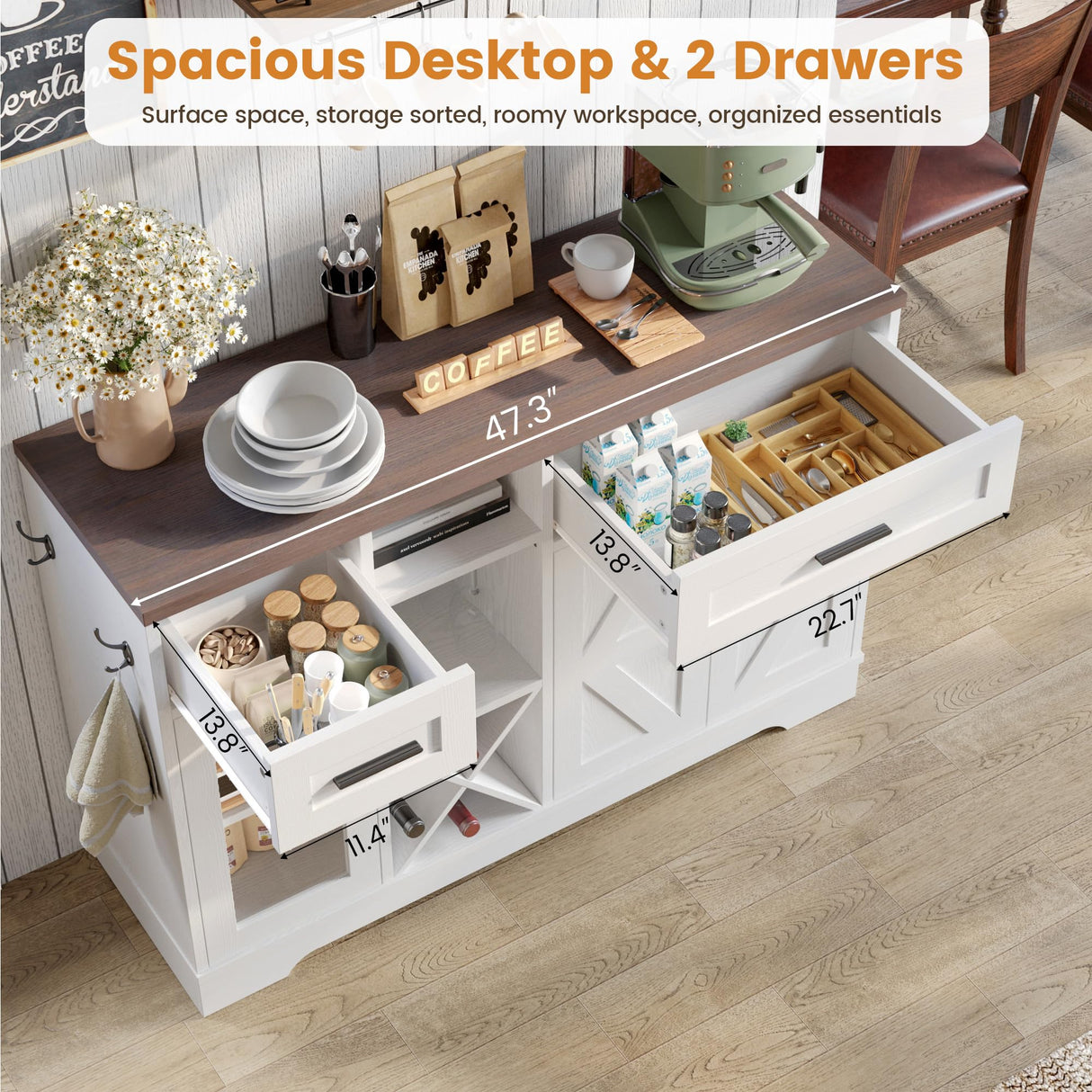 ANCTOR Coffee Bar Wine Cabinet, 47.3" Farmhouse Coffee Bar Cabinet with Glass Holders, Wine Bar Cabinet with 2 Drawers, Racks for Liquor, Wooden Sideboard for Dining Room, Living Room, White ANCTOR