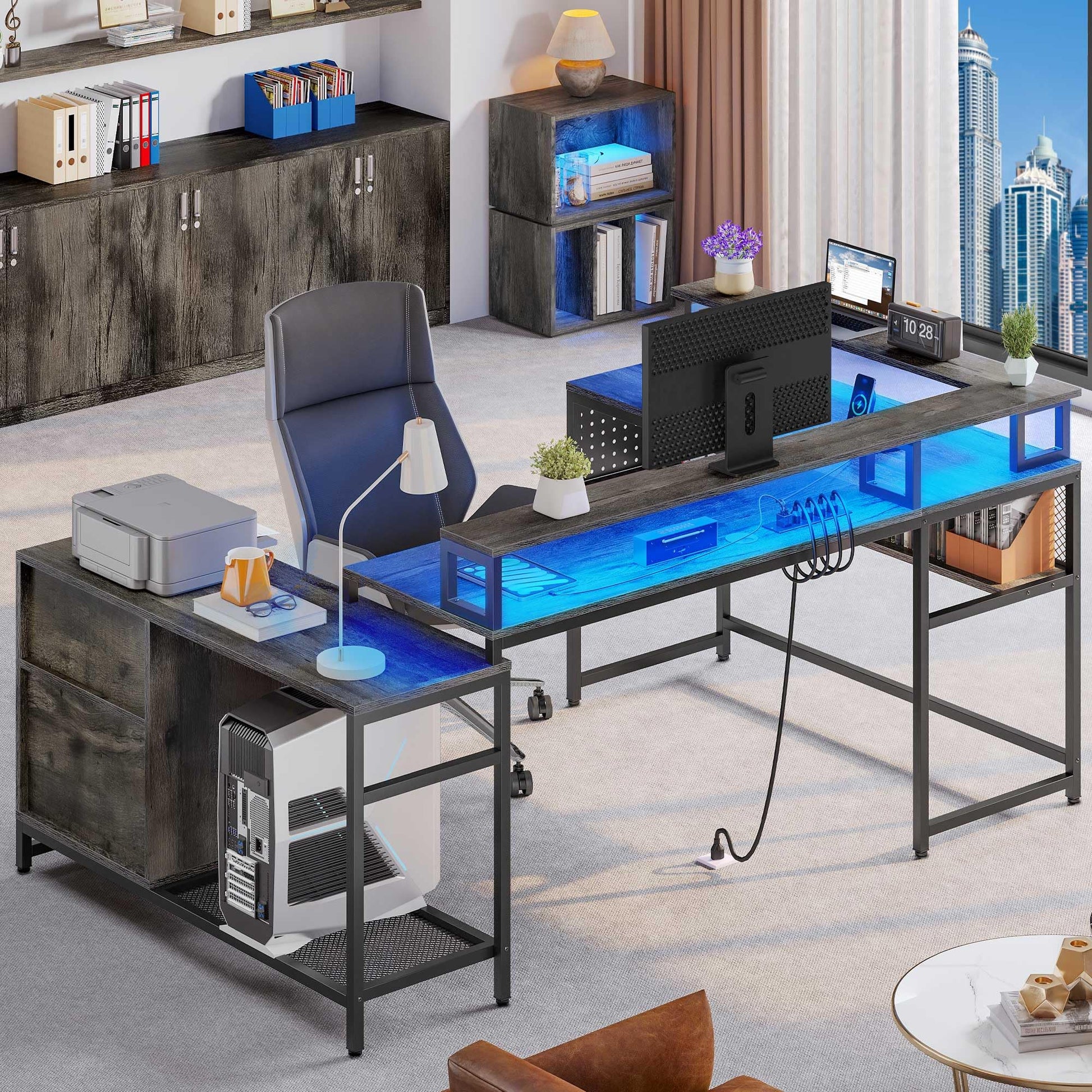 YITAHOME Versatile U Shaped Desk with Power Outlets, LED Lights & Storage Solutions in Grey - WoodArtSupply