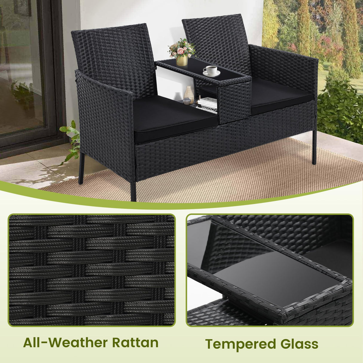 Kromax Wicker 2 Seat Patio Loveseat, Outdoor Rattan Loveseat with Table, Washable Cushion Covers, Backyard, Garden, Lawn, Black Rattan with Black Cushion Kromax