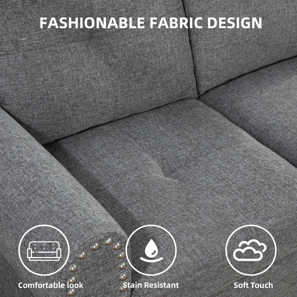 GlasFlength L Shaped Sofa with Ottoman Modern Sectional Couches for Living Room, Bedroom, Office, Grey-Belt Cup Holder GlasFlength