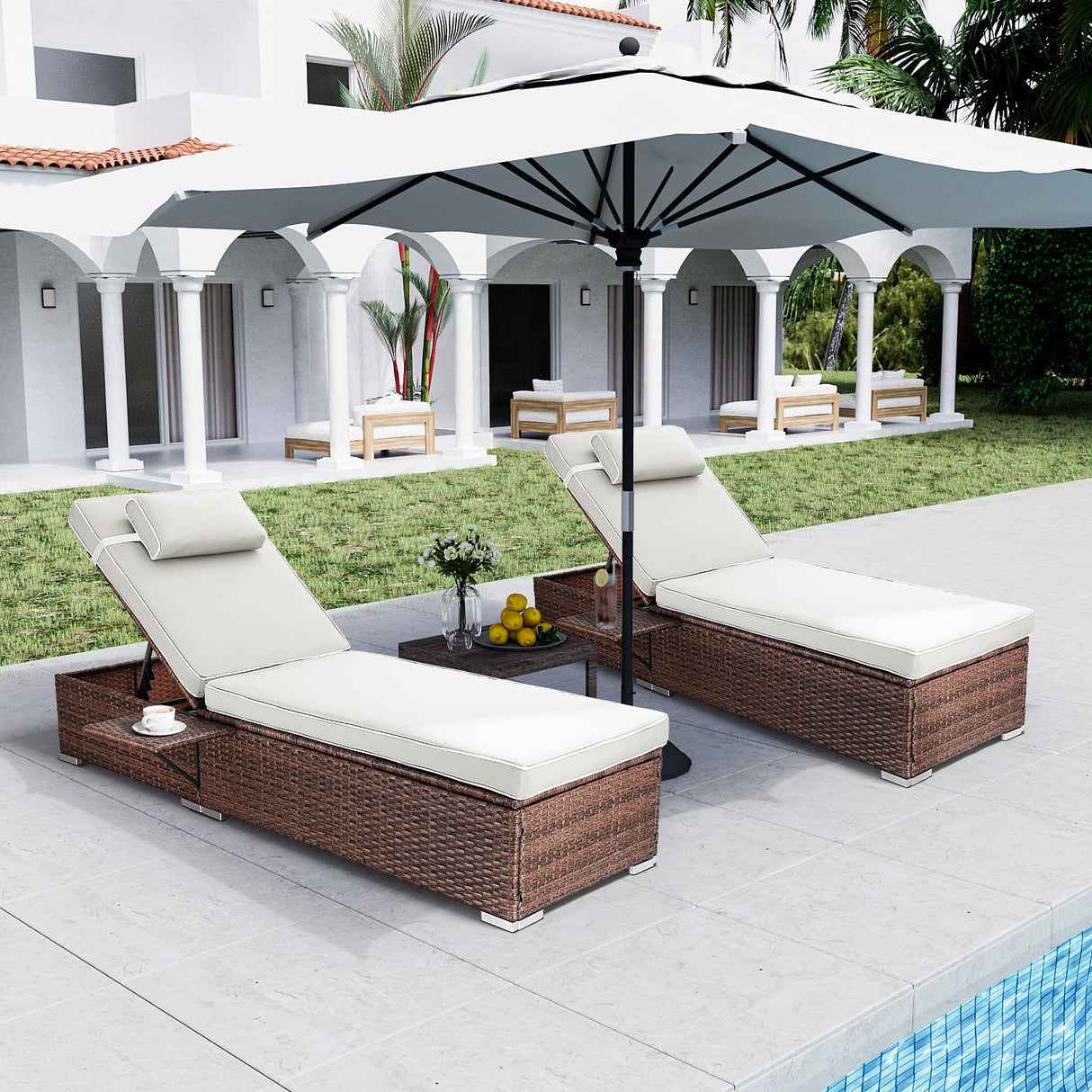 Rophefx Outdoor PE Wicker Patio Lounge Chairs Set of 2, Outside Rattan Pool Lounge Chair with Cup Holder & Adjustable Backrest, Brown Rattan Recliners for Poolside Deck Beach Yard (White Cushions) Rophefx