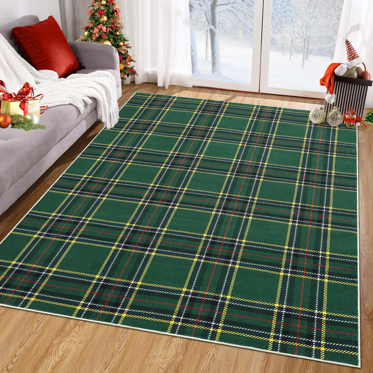 ROYHOME Christmas Area Rug 5x7 Feet Xmas Buffalo Plaid Machine Washable Carpet Rug Holiday Decorative Gingham Check Floor Cover Non Slip Stain Resistant Accent Rug for Living Room Decor, Green ROYHOME