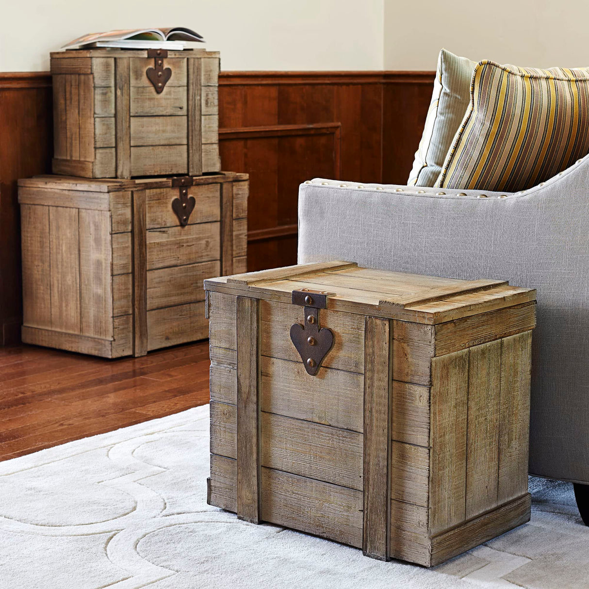 Household Essentials White Washed Rustic Decorative Wooden Trunk, Medium Household Essentials