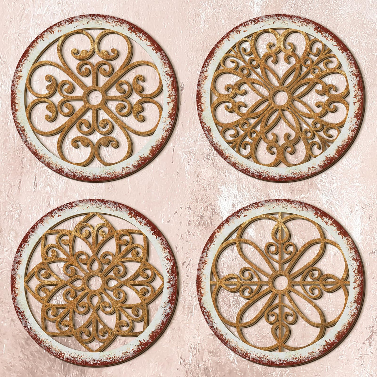 Yulejo 4 Pcs Thicken Rustic Wall Decor Farmhouse Wall Art Wooden Hollow Carved Design Decor Rustic Round Wall Art for Living Room Bedroom Hallway Decor Kitchen Wall (Light Brown,9.8 x 9.8 Inch) Yulejo