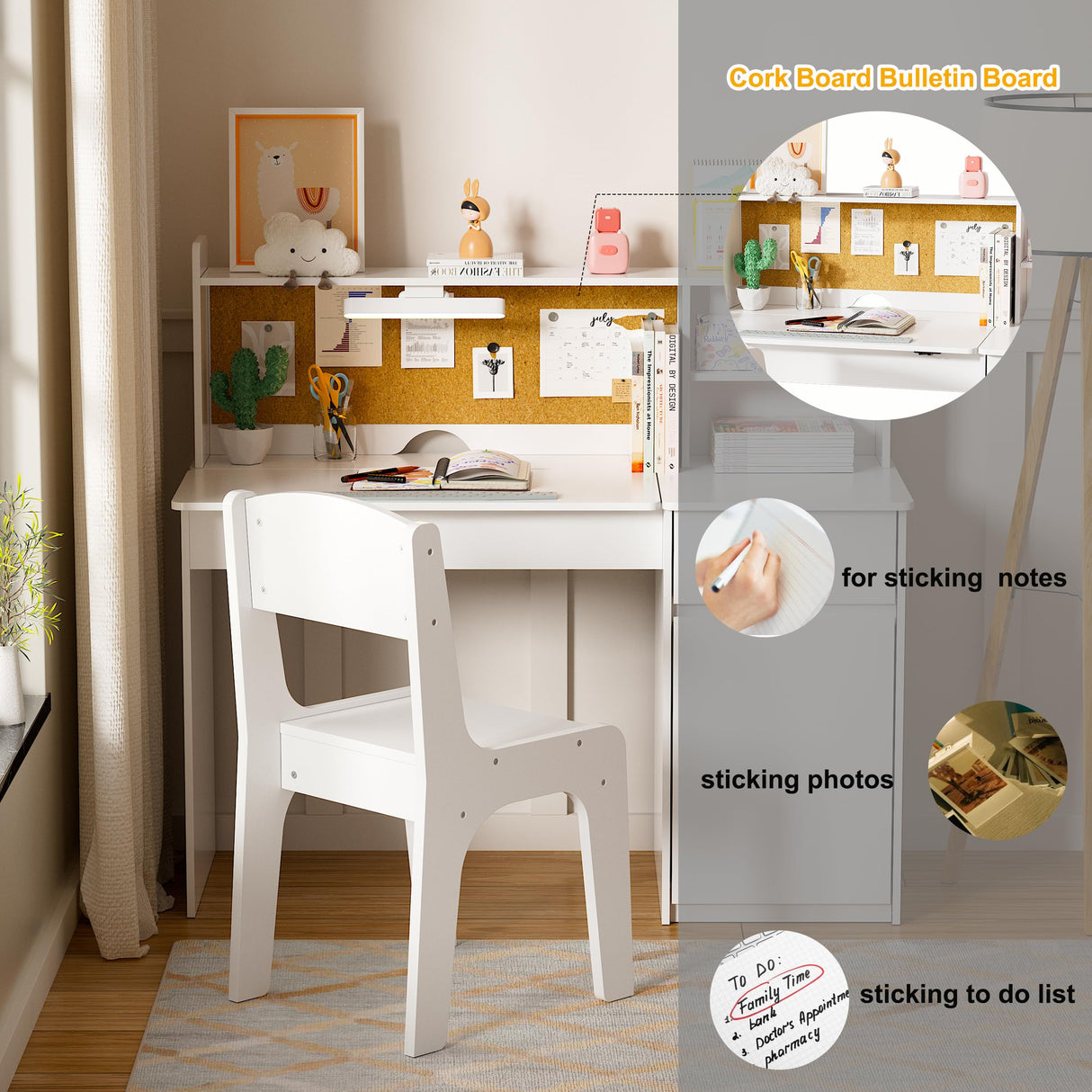 PAKASEPT Kids Desk and Chair Set,Kids Study Desk with 3-Color Lights(Not Rechargeable),Tiltable Desktop,Multi Functional Table for Kids 5-12,Student Writing Desk with Hutch,Storage Cabinet for Bedroom PAKASEPT