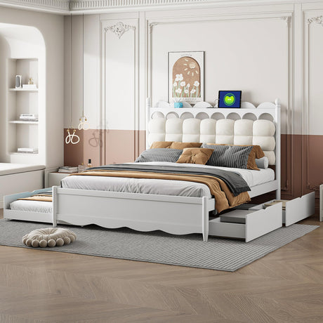 Bellemave Queen Bed Frame with Headboard & USB Ports, Queen Size Platform Bed with Twin XL Size Trundle, Queen Size Bed Frame with 2 Drawers, No Noise, No Box Spring Needed, Wood, White Bellemave