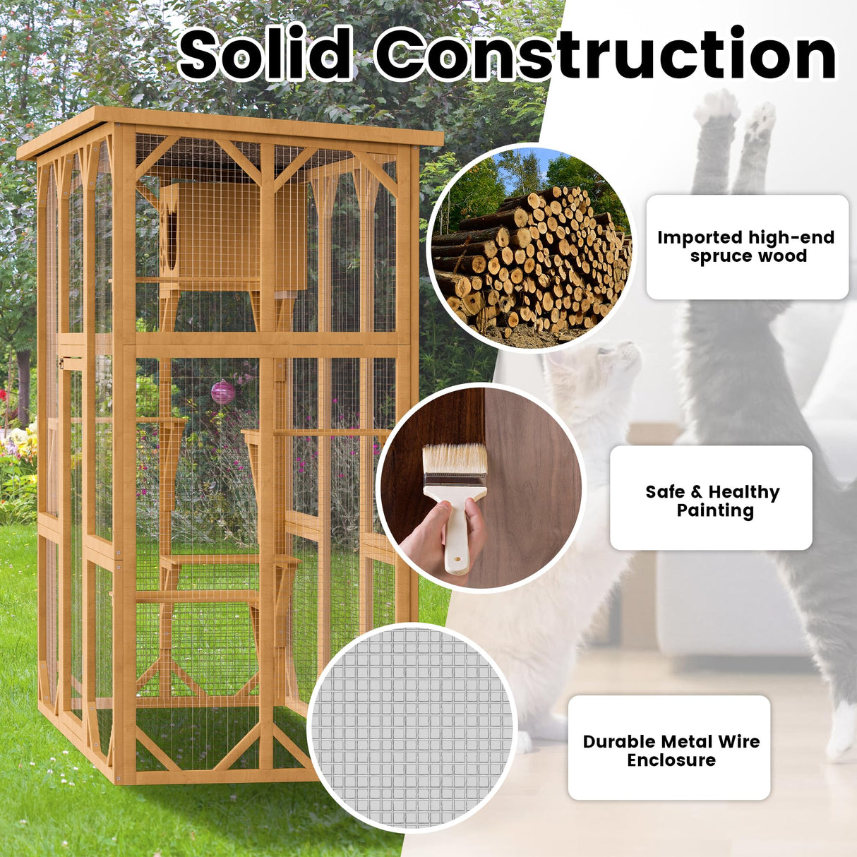 Decomax Catio Cat House Cage Enclosure, Outdoor/Indoor Wooden Cat Enclosures with Separate Cat Kennel, 5 Large Platforms and Waterproof Asphalt Roof for Patio, Backyard (Burlywood) Decomax