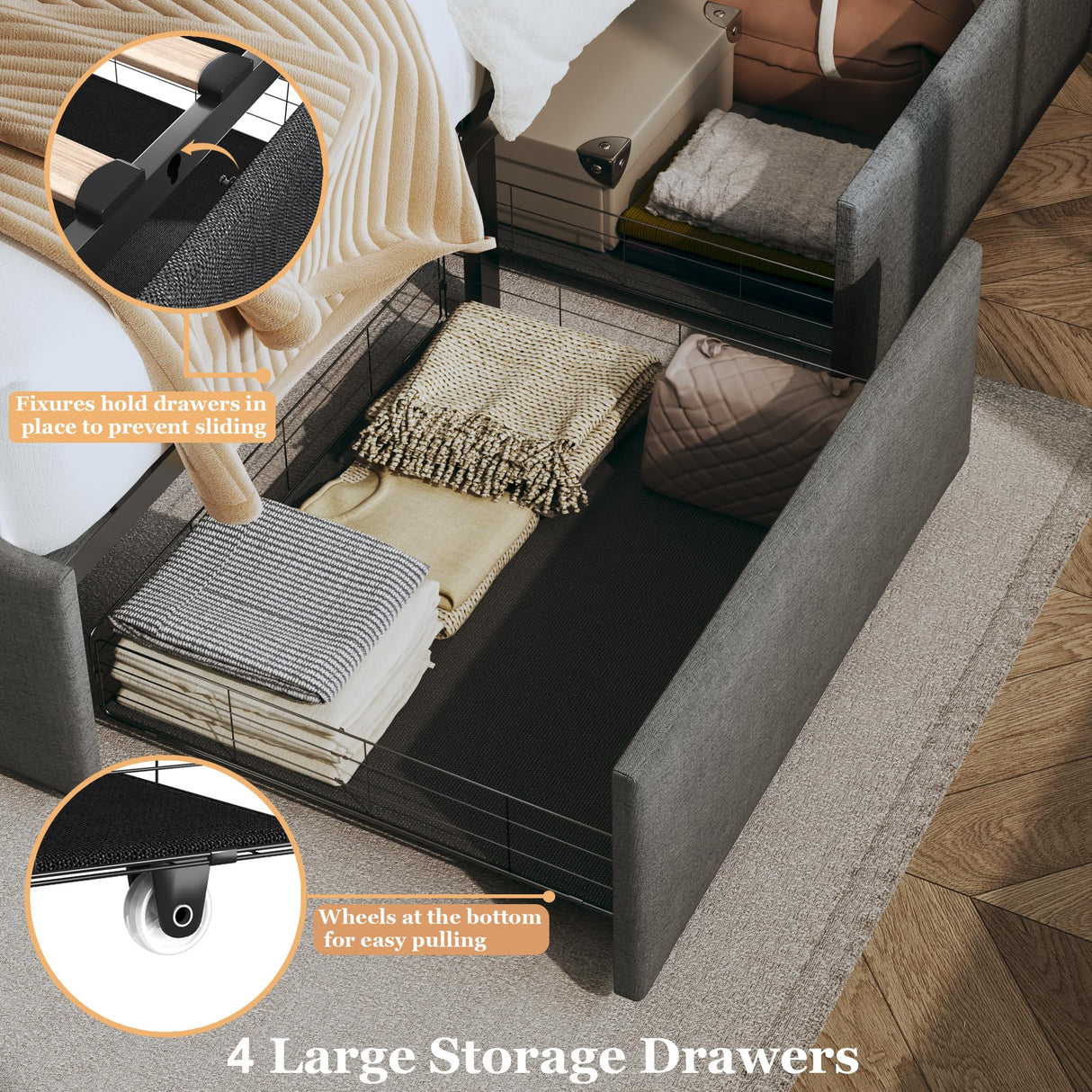 Queen Size Grey Upholstered Bed Frame with Storage, LED Lights & Wingback Headboard - LIMGLIM LIMGLIM