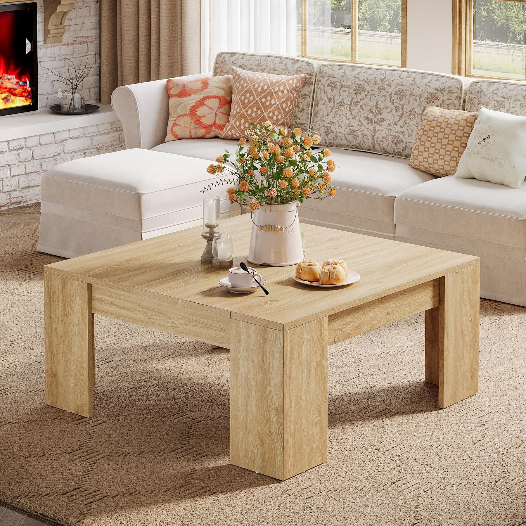 Tribesigns 38.8" Square Coffee Table, Farmhouse Wood Coffee Table, Center Table for Living Room with Sturdy Wooden Legs, Modern Home Furniture, Lignt Oak - WoodArtSupply