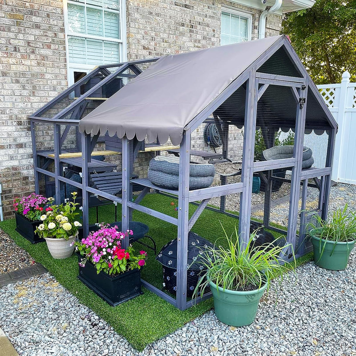 Endark Extra Large 110" Catio Outdoor Cat House Enclosure with Waterproof Cover, Multiple Platforms, Bridges, and Scratching Ramps for Safe and Fun Outdoor Exploration White Grey Endark