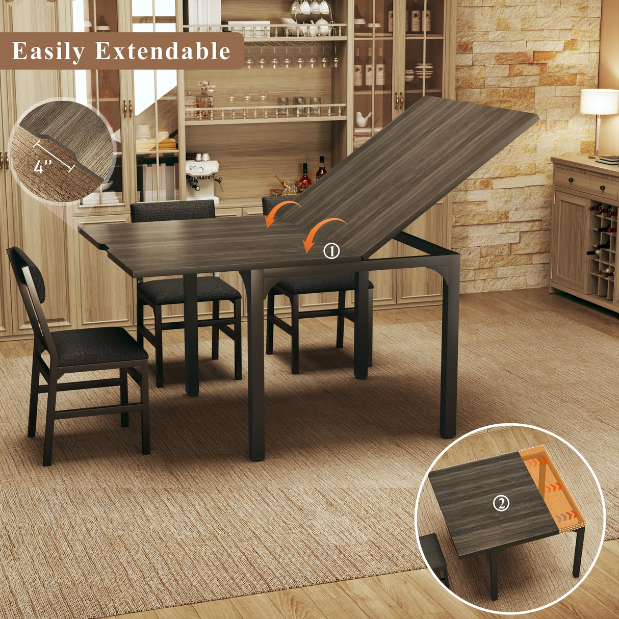 7-Piece Dining Table Set for 4-6, Extendable Kitchen Table Cushion Chairs Set of 6 with 6 Chairs, Rectangle Dining Table with Metal Frame & MDF Board, Folding for Small Apartment Saving Space,Grey Oak HUAHUU