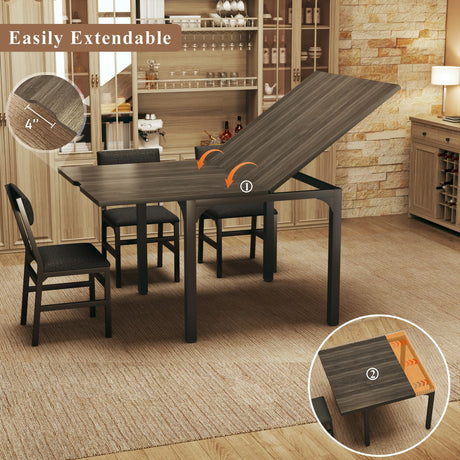 7-Piece Dining Table Set for 4-6, Extendable Kitchen Table Cushion Chairs Set of 6 with 6 Chairs, Rectangle Dining Table with Metal Frame & MDF Board, Folding for Small Apartment Saving Space,Grey Oak HUAHUU