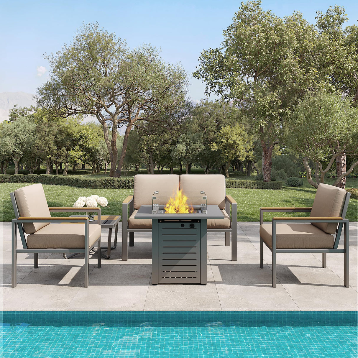 MAISON BACKYARDS MBY 5-Piece Modern Patio Furniture Set with Fire Pit Table, Metal Outdoor Sectional with Cushions & Wood-Like Armrests, Cozy Conversation Set for Porch, Balcony, Garden, Yard-Brown MAISON BACKYARDS