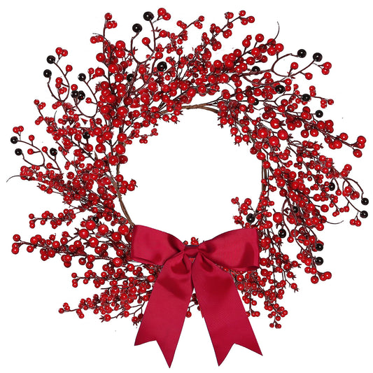 Sggvecsy 18 Inch Artificial Christmas Wreath Red Berry Wreath Handmade Winter Wreath with Bowknot Christmas Decoration for Front Door Home Indoor Outdoor Farmhouse Wall Window Xmas Holiday