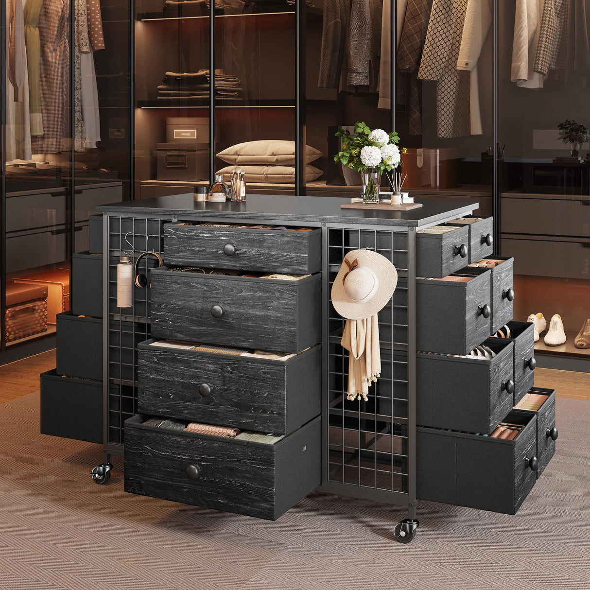 EnHomee 24 Drawers Black Dresser for Bedroom, Dressers & Chests of Drawers with 4 Wheels and 40“ * 23” Wide Wooden Top, Metal Frame, Organizer Island with Hooks for Bedroom, Cloakroom, Dressing Room EnHomee