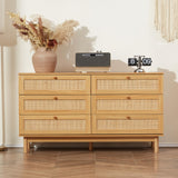 DHMAKER 6 Drawer Rattan Dresser for Bedroom, 48'' Modern Wooden Chest of Dressers with Spacious Storage, Beside Table for Closet, Entryway, Bedroom, Hallway, Living Room DHMAKER