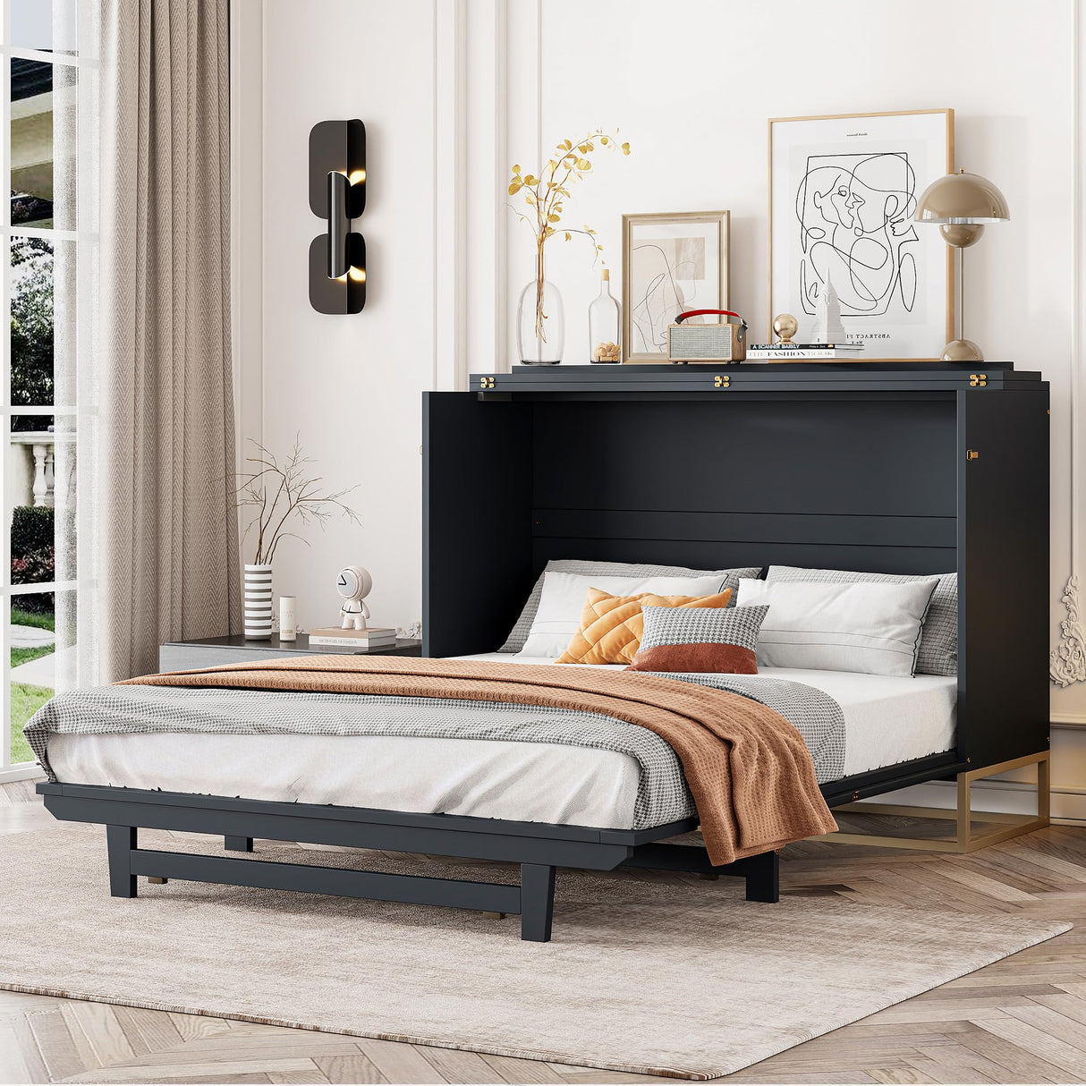 Queen Size Murphy Bed with Frosted Glass Doors Design, Fake Drawers, Metal Legs,Solid Wood Storage Bed for Small Spaces Apartments Studio (Black/S) Quarte