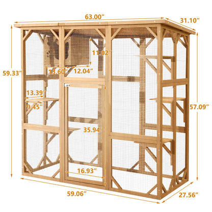 Grepatio Cat Enclosure Large Outdoor Catio Wooden Cat House with Weatherproof, Cat Cage Condo Indoor Playpen with Platform and Small House(Natural)