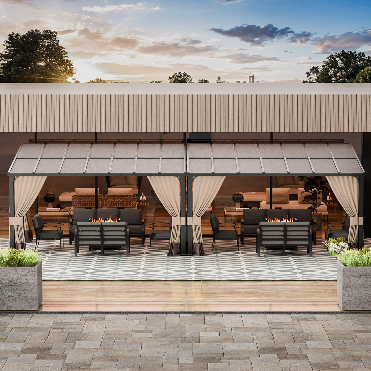 RTDTD 10' x 28' Gazebo，Hard Top Lean to Gazebo Wall Mount Heavy Hardtop Gazebos Outdoor Pergola with Curtains and Netting for Patio Garden Lawn Backyard Deck (Brown) RTDTD