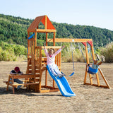 Dolphin Playground Wooden Swing Sets for Backyard with Monkey Bar, Outdoor Playset for Kids with 2 in 1 Outdoor Table, Wave Slide, Climbing Wall, and 2 Belt Swings, Heavy Duty Playground Accessories DOLPHIN PLAYGROUND T