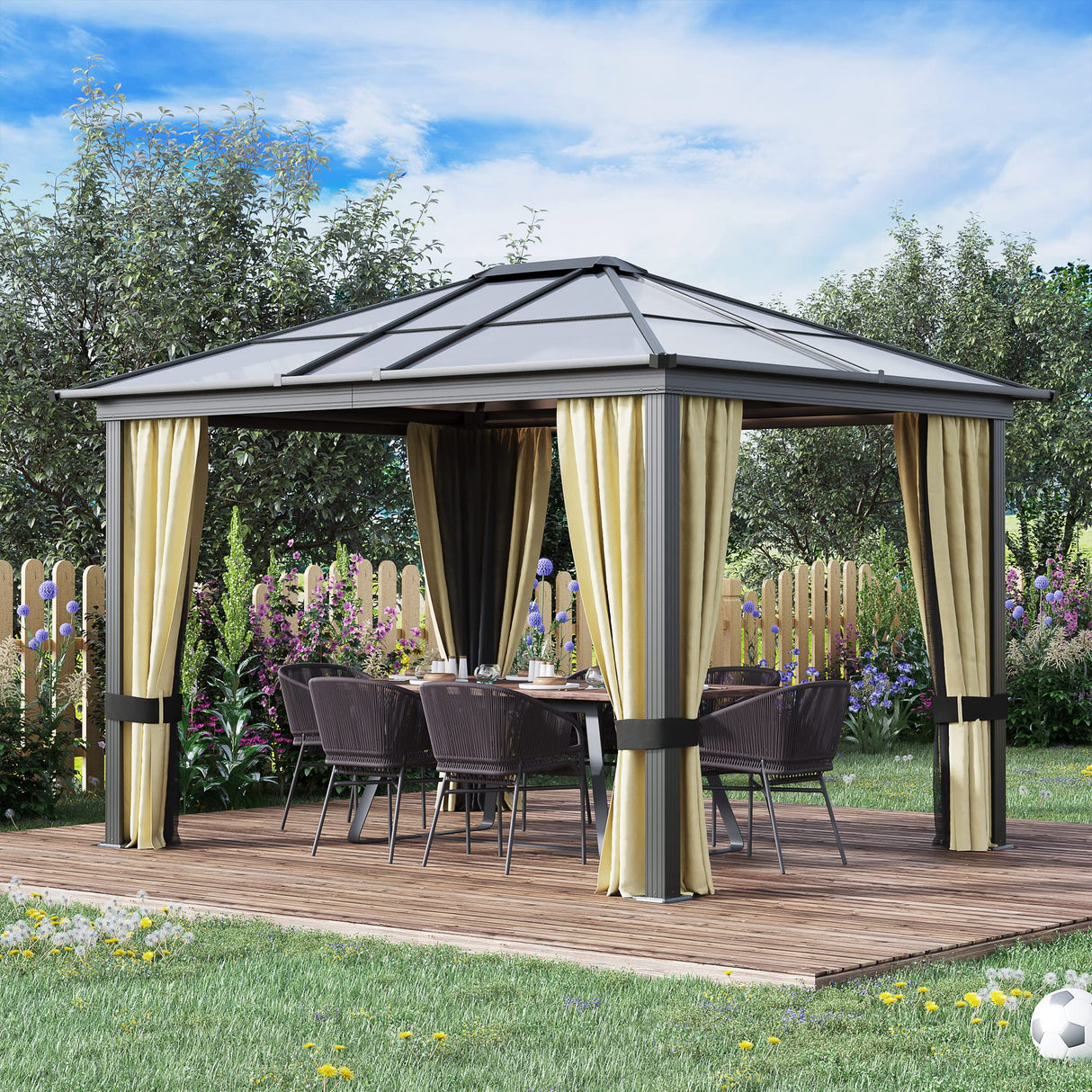Outsunny 10' x 12' Hardtop Gazebo Canopy with Polycarbonate Roof, Aluminum Frame, Permanent Pavilion Outdoor Gazebo with Netting, for Patio, Garden, Backyard, Deck, Lawn, Brown Outsunny