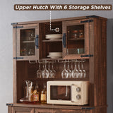 OKD 72" Farmhosue Bar Cabinet with Sliding Barn Door, Large Kitchen Buffet with Hutch w/Wine & Glasses Rack, 3 Drawers, 12 Storage Shelves, Rustic Coffee Bar Sideboard Table, Reclaimed Barnwood OKD