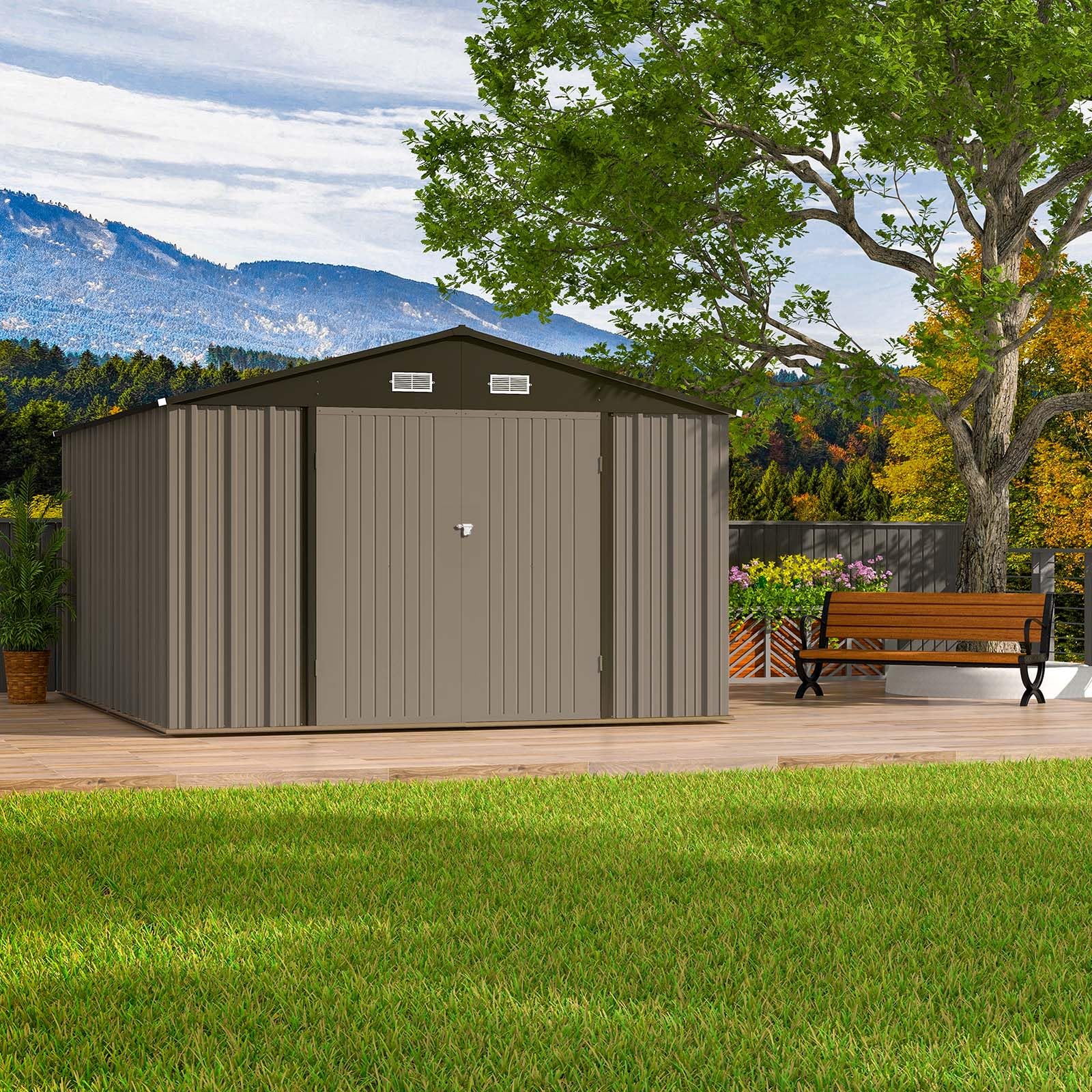 Patiowell 10 x 12 FT Metal Storage Shed for Outdoor, Steel Yard Shed with Design of Lockable Doors, Utility and Tool Storage for Garden, Backyard, Patio, Outside use - WoodArtSupply