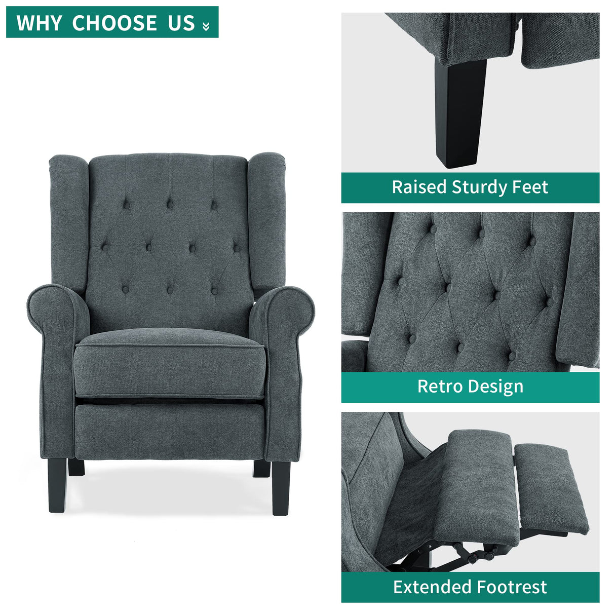 YITAHOME Wingback Push Back Recliner Chair, Modern Accent Arm Chair, Comfy Fabric Upholstered Tufted Accent Lounge Chair for Living Room/Bedroom/Office, Solid Wood Legs, Grey YITAHOME