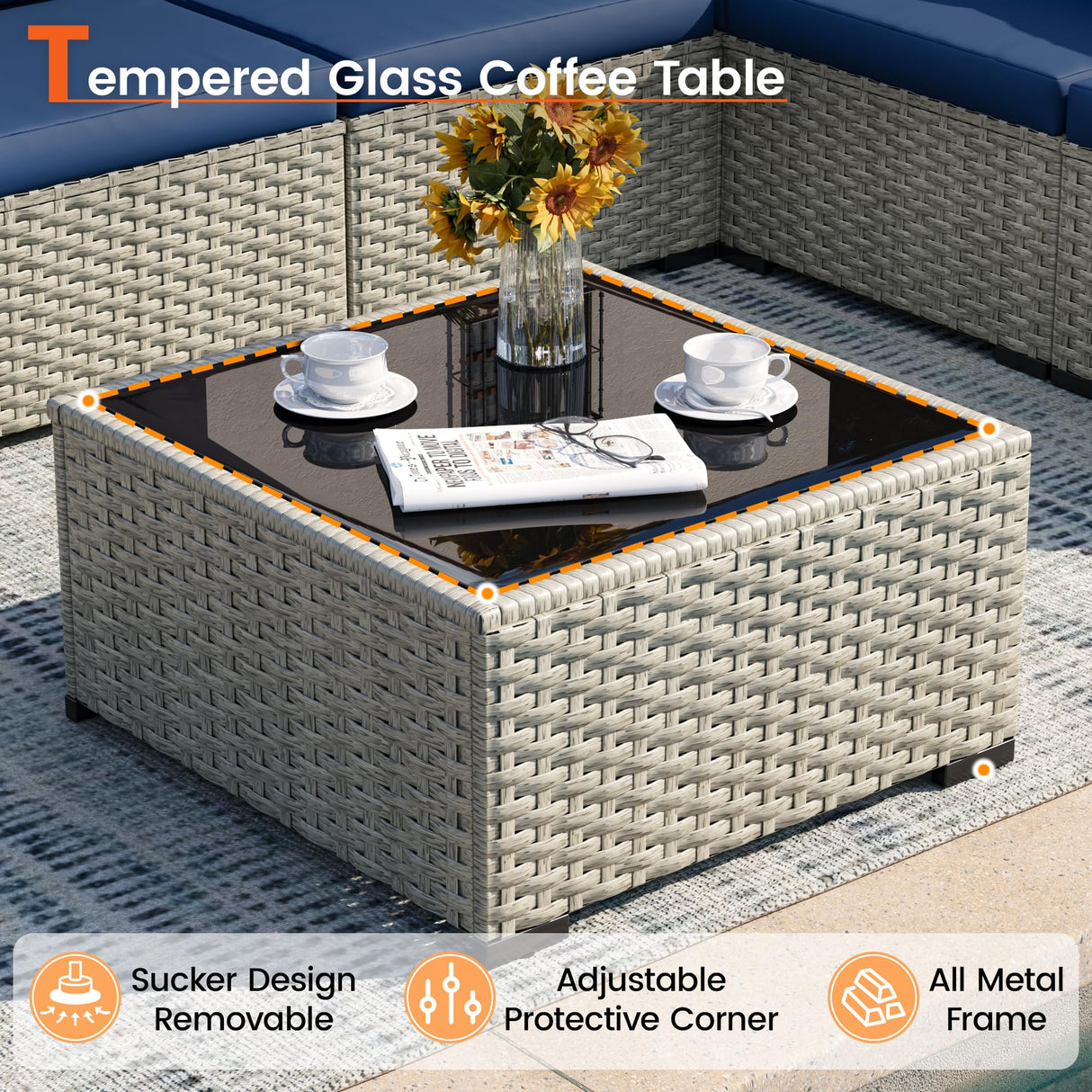 VONZOY Patio Furniture Set, 7-Piece Outdoor Sectional All-Weather Wicker Patio Conversation Set for Backyard (Navy Blue Cushions with Grey Rattan) VONZOY