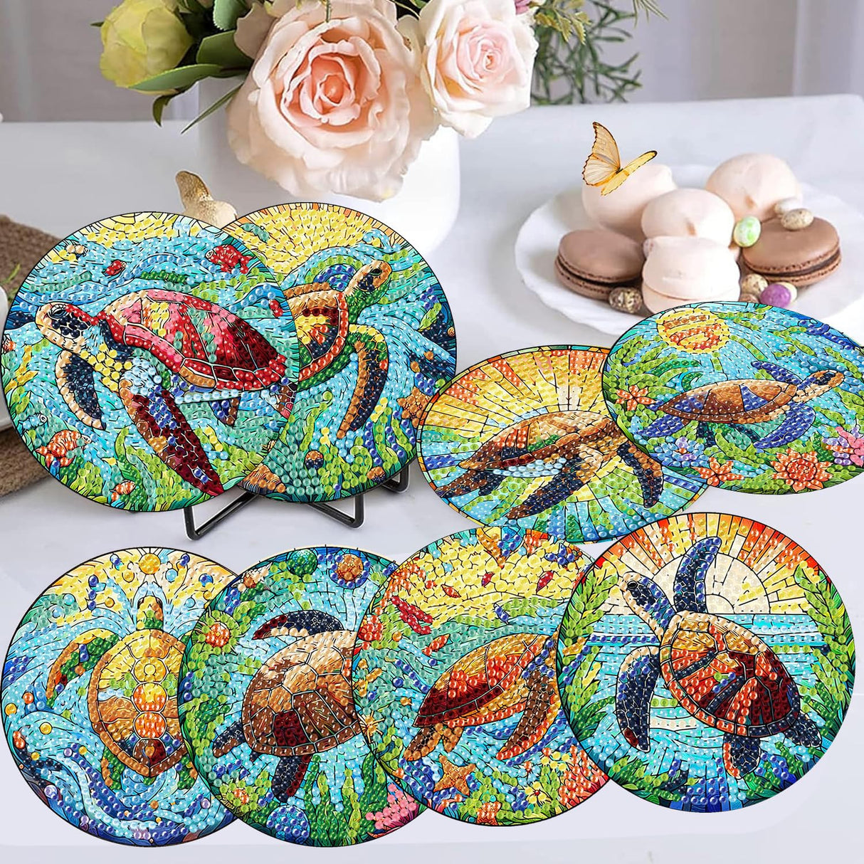 8 Pieces Diamond Art Painting Coasters Kit, Sea Turtle Diamond Art Coaster, DIY Diamonds Craft Kits for Adults and Beginners (Turtle Style) croshom