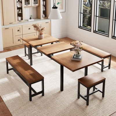 Einhomn 5 Pieces Dining Room Table Set for 4-6, 63" Extendable Kitchen Table Set with 2 Benches & 2 Stools, Small Dining Table Set with Metal Frame & MDF Board, Walnut