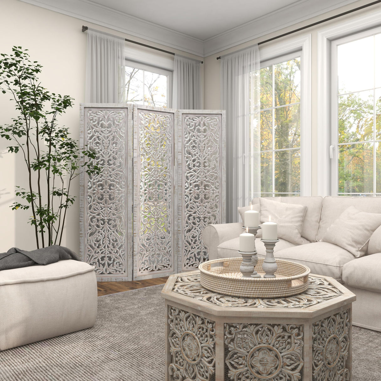 Deco 79 Wooden Floral Handmade Partition Room Divider Screen Hinged Foldable Partition 3 Panel Privacy Screen with Intricate Carved Design, Room Partition 60" x 1" x 69", White Deco 79