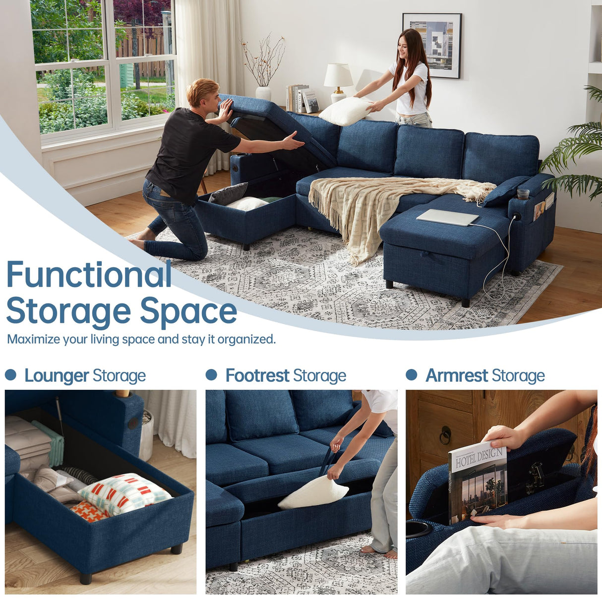 DURASPACE Sofa Bed Pull Out Couch Sleeper with Double Storage Chaise, U Shaped Convertible Sectional Sleeper Sofa for Living Room with USB Charging Ports, Cup Holder (Blue) DURASPACE
