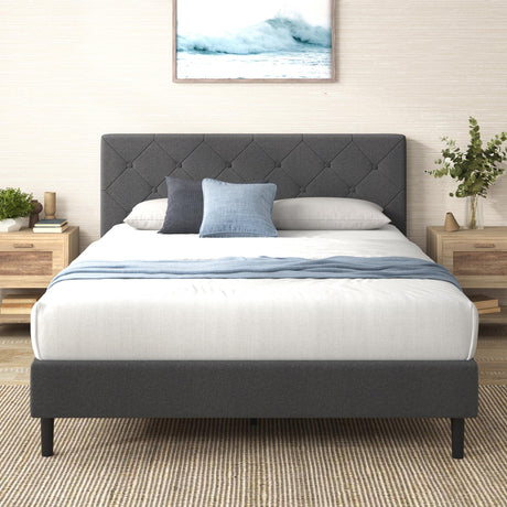 Zinus Full Shalini Upholstered Platform Bed Frame with Headboard [New WonderBox(TM) Version], Wooden Slat Support, No Box Spring Needed, Easy Assembly, Eco Friendly Packaging, Dark Grey Zinus