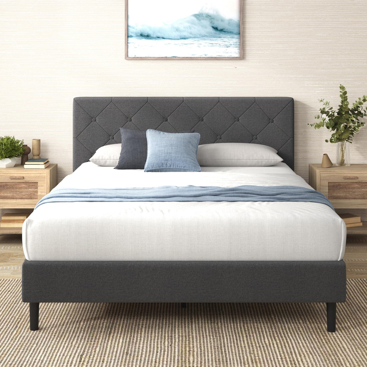 ZINUS King Shalini Upholstered Platform Bed Frame with Headboard [New WonderBox(TM) Version], Wooden Slat Support, No Box Spring Needed, Easy Assembly, Eco Friendly Packaging, Dark Grey ZINUS