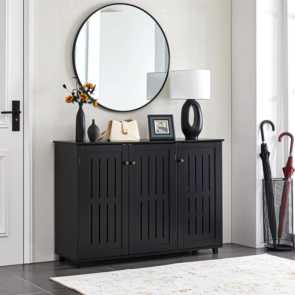 Yaheetech Shoe Storage Cabinet Floor Storage Organizer Wooden Cabinet with 3 Doors Adjustable Shelf for Entryway Living Room Home Office Black Yaheetech