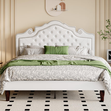 Allewie Queen Bed Frame with Adjustable Velvet Tiara Headboard, Upholstered Diamond Button Tufted Platform Bed, Wood Slats Support, No Box Spring Needed, Mattress Foundation, Easy Assembly, White Allewie