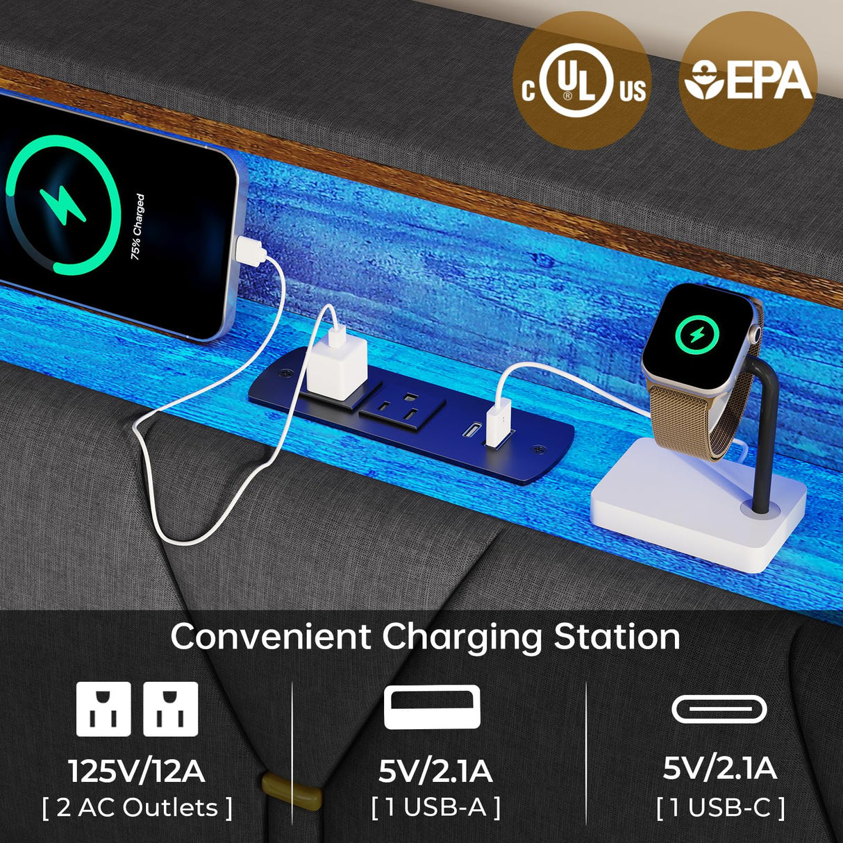 BTHFST Full Size Bed Frame with Outlets and USB Ports, Full Bed Frame with LED Lights, Upholstered Platform LED Bed Frame with Storage Shelf Headboard, No Box Spring Needed, Dark Grey BTHFST