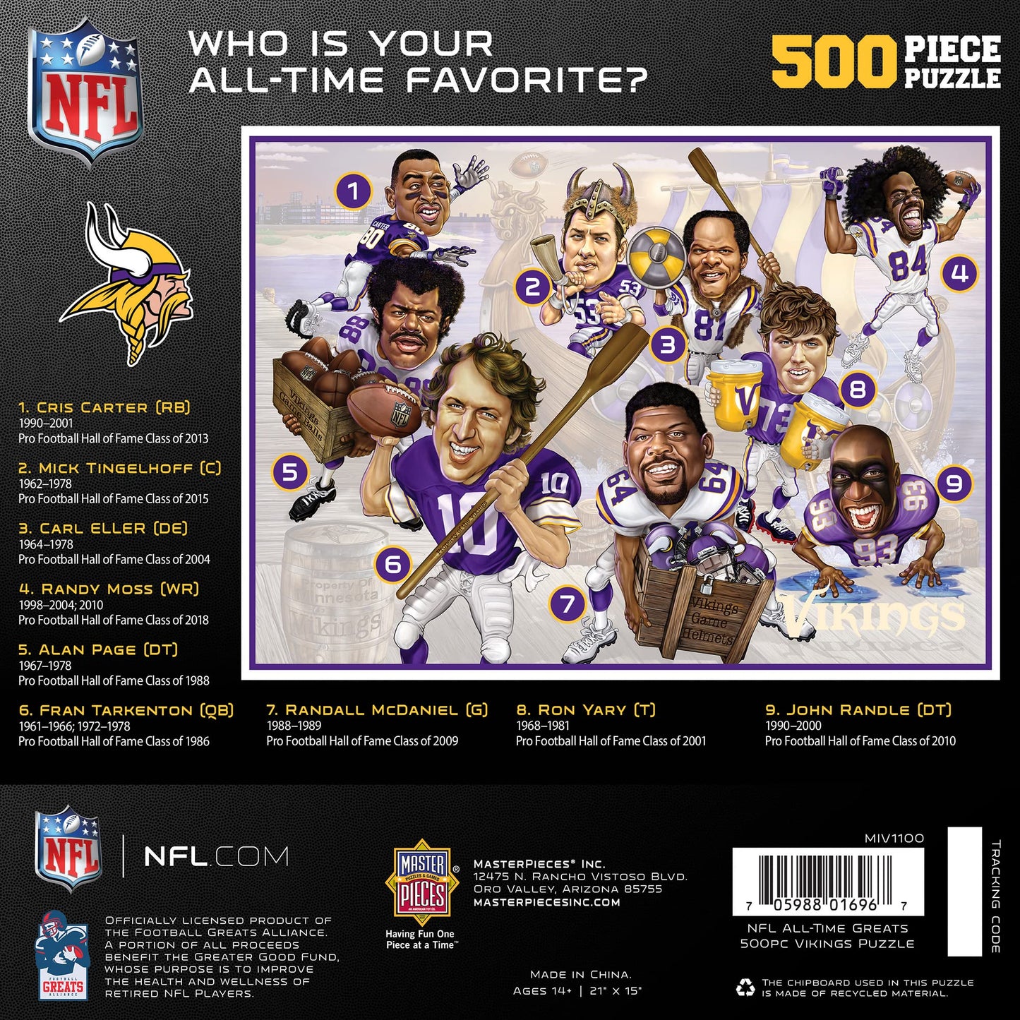 MasterPieces 500 Piece Sports Jigsaw Puzzle for Adults - NFL Minnesota Vikings All-Time Greats - 15x21