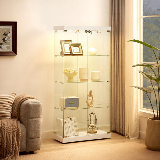 Yoluckea Glass Cabinet with Light, 4 Shelves Glass Display Cabinet w/2 Doors, Floor Standing Clear Glass Curio Cabinet Collection Display Cabinet for Living Room Bedroom 66.3” x 31.5” x 14.2” White