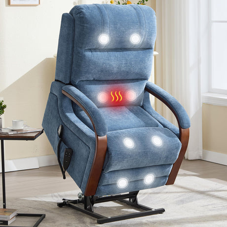 Power Lift Recliner Chair for Elderly People, Dual Motor Lift Chair with Vibration Massage and Heat, Lay Flat Recliner with Solid Wood Armrest, Standing Assistance Reclining, Chenille Fabric Blue EZZUP