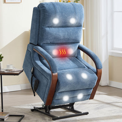 Power Lift Recliner Chair for Elderly People, Dual Motor Lift Chair with Vibration Massage and Heat, Lay Flat Recliner with Solid Wood Armrest, Standing Assistance Reclining, Chenille Fabric Blue