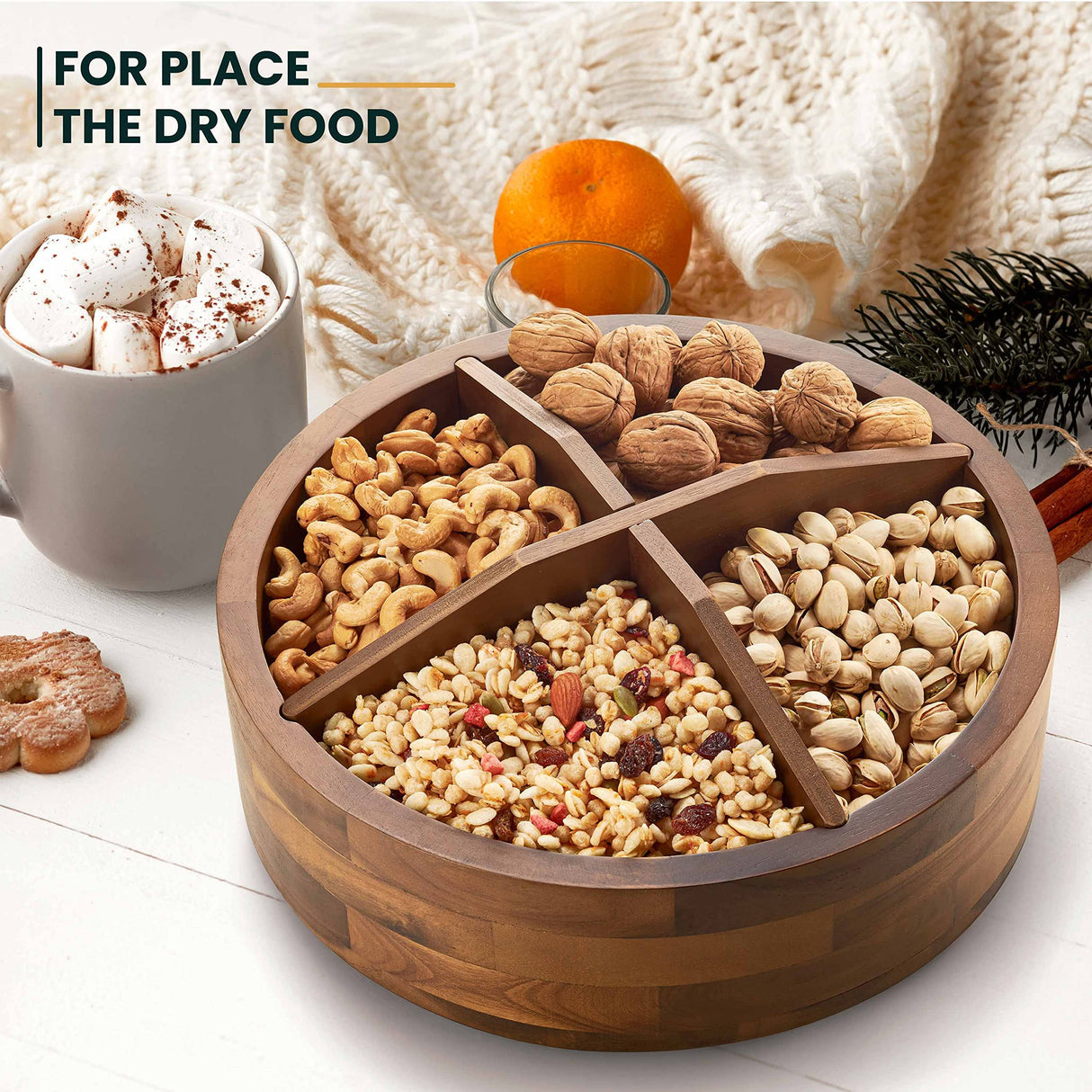 TIDITA 12" Acacia Lazy Susan Organizer with 4 Dividers - Wooden Lazy Susan Turntable for Table, Countertop - Kitchen Storage Food Bin Container for Spices, Cabinet, Fridge, Pantry (Acacia Wood) Tidita